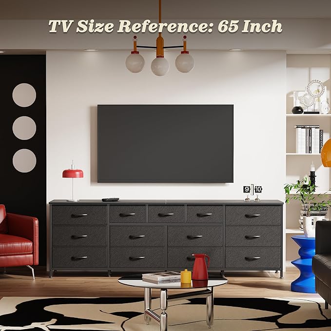 Huuger 70 Inch Dresser for Bedroom, TV Stand for 65, 75, 80 Inch TV, 13 Fabric Drawer Long Dresser, Wide Chest of Drawer, Black Storage Units for Bedroom