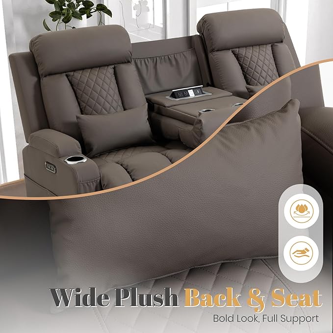 2-Piece Power Reclining Sofa Set, 3-Seater Sofa with Drop-Down Console & 2-Seater Loveseat, Zero Wall Hugger Electric Recliner Couch with Adjustable Headrest, AC Outlets (Brown, 3+2 Set)