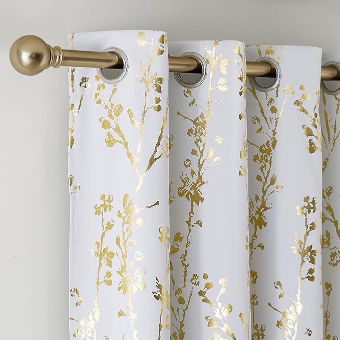 NICETOWN Gold Foil Printed Floral Curtains 100% Blackout, Grommet Branch Pattern Gold Foil Printed Window Treatments Thermal Drapes for Bedroom, Greyish White, W52 x L96, 2 Panels