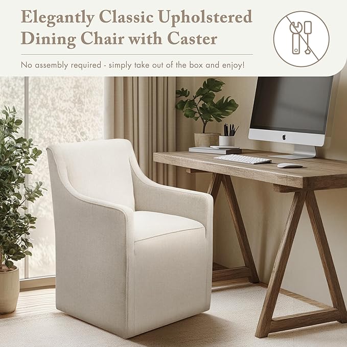 Madison Park Dining Chair with Hidden Casters, 20" Thick Seat Foam Cushion, Upholstered, Padded, Modern Farmhouse Dining Chair, Fully Assembled, Charlotte, 34" H, Cream
