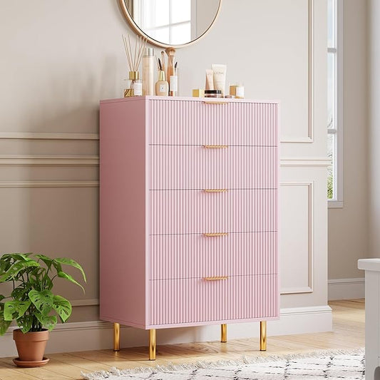 GarveeHome 5 Drawer Dresser for Bedroom, Modern Pink Dresser with Gold Handle and Large Drawer, Wood Double Chest of Drawers and Storage Organizer for Living Room, Hallway, Entryway