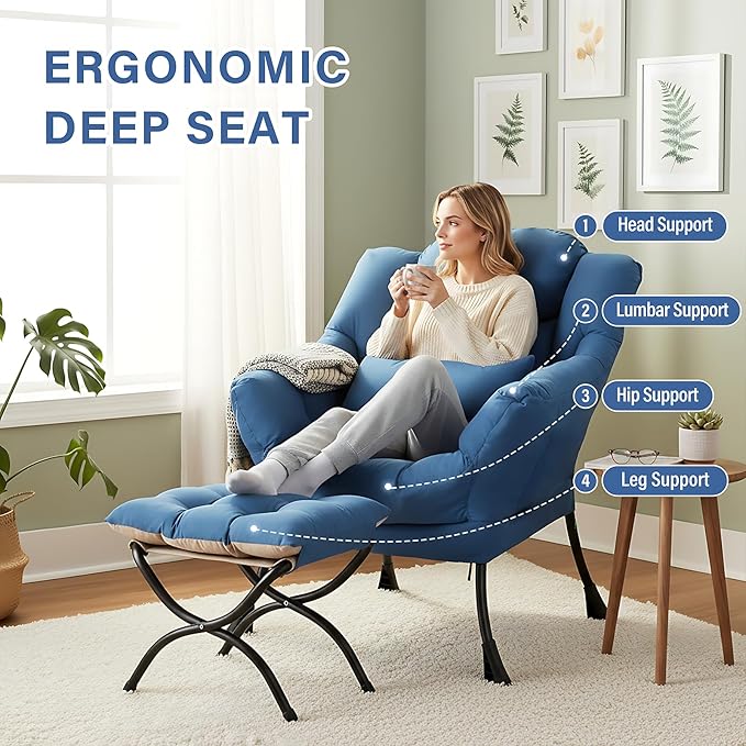 Lazy Chair with Ottoman, Modern Lounge Chair with Lumbar Pillow, Accent Cozy Reading Armchair and Folding Footstool for Bedroom, Dorm, Living Room,Peacock Blue