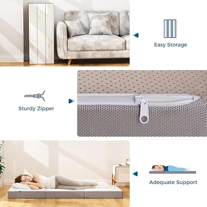 Inofia Full Folding Mattress, 5 Inch Trifold Memory Foam Mattress with Ultra-Soft Removable Cover - for Camping, Guest, and Floor Foldable Bed - Full Size (73" x 52" x 5")