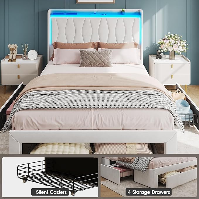 Fameill Queen Size Bed Frame with LED Light and 3 Drawers Storage, Upholstered Velvet Platform Bed Frame with Charging Station, Wingback Tall Headboard, No Box Spring Needed, Beige