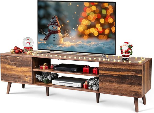 WLIVE Mid-Century Modern TV Stand for 65 70 Inch TV, Entertainment Center with Storage, Adjustable Shelves & Soft-Close, Media TV Console for Living Room/Bedroom, Retro Brown