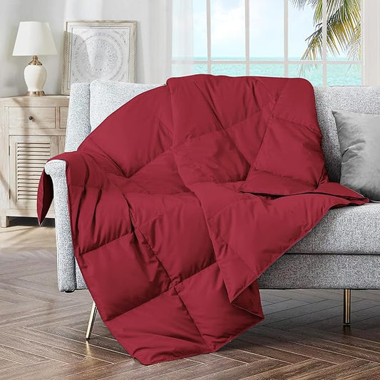 puredown® Soft Feather Down Throw Blanket Lightweight Packable Couch Throw for Indoor and Outdoor Use, Throw 50"X70", Wine