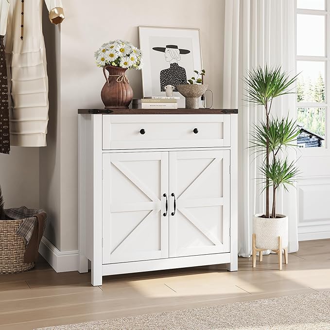 Semiocthome Farmhouse Sideboard Buffet Cabinet with Storage and Adjustable Shelf, Accent Table with Barn Door, Storage Cabinet for Kitchen, Dining Room, Bathroom, Entryway - White