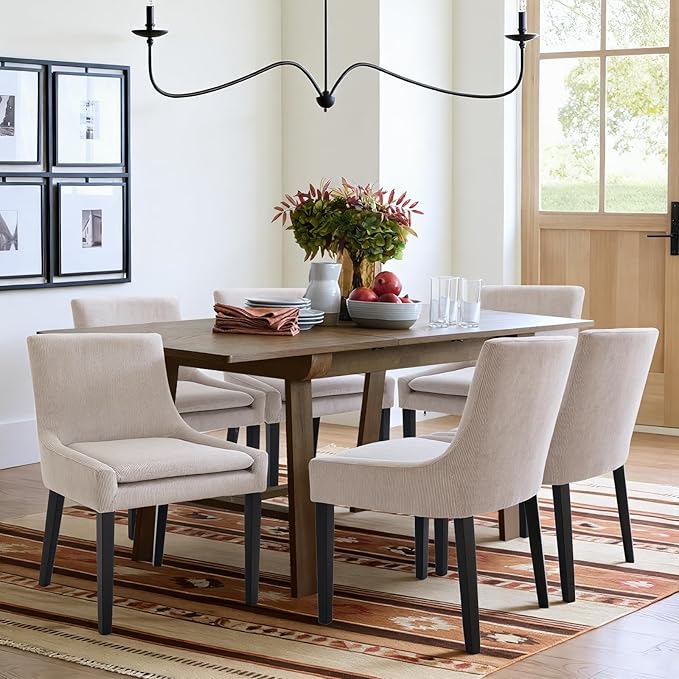 COLAMY Modern Dining Chairs Set of 6, Upholstered Corduroy Accent Side Leisure Chairs with Mid Back and Wood Legs for Living Room/Dining Room-Beige