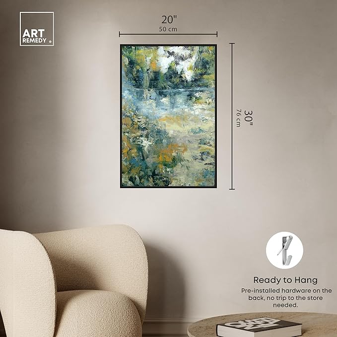 Art Remedy Green Moss Monet Garden Green Abstract Canvas Wall Art, Black Floater Frame, 20"x30"