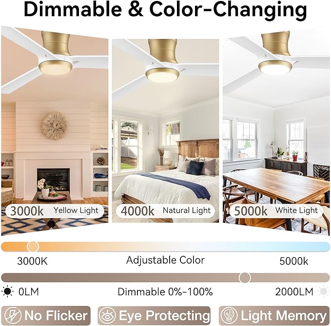 52inch Smart Ceiling Fans with Lights,Low Profile Modern Wood Ceiling Fans,Remote/APP/Alexa Control,Outdoor Indoor Flush Mount Ceiling fan,for Bedroom Living room Patio,3 Blade,White Gold,Quiet