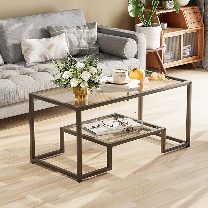 Coffee Table Black Glass Coffee Table for Living Room,2 Tiers Rectangle Center Table with Sturdy Metal Frame,Modern Tempered Glass Accent Table for Bedroom Home Office