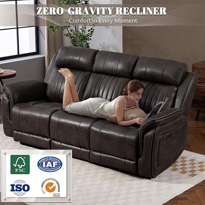 Zero Gravity Power Recliner Sofa Couch – Electric Reclining Sofa with Drop Down Table, 3 Seater Dual Reclining Couch with Adjustable Headrests for Living Room (Foil Fabric, Brownish Gray)
