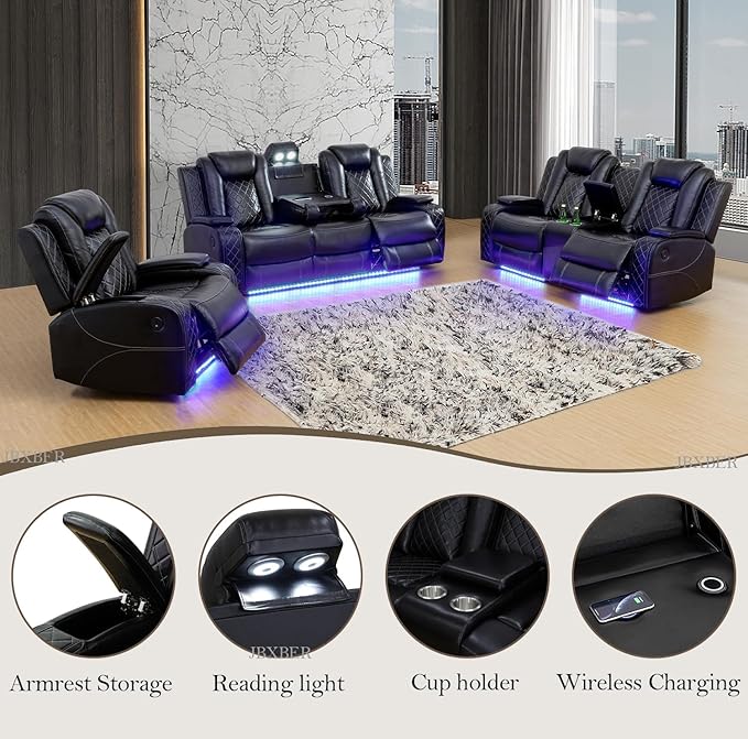 Power Recliner Sofa Set for Living Room, Leather Power Reclining Sofa Sets with LED Lights, Console Storage, Recliner Couch with USB Port(Chair,Black)