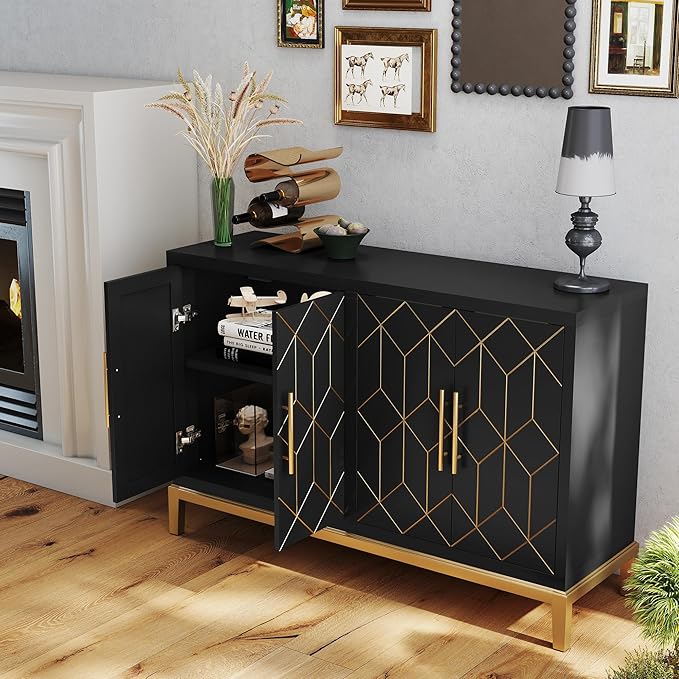 47.8" Storage Accent Cabinet with 4 Doors, Modern Sideboard Buffet Cabinet with Gold Lines, Wood Decorative Credenza with Storage for Living Room, Kitchen, Dining Room, Entryway, Black