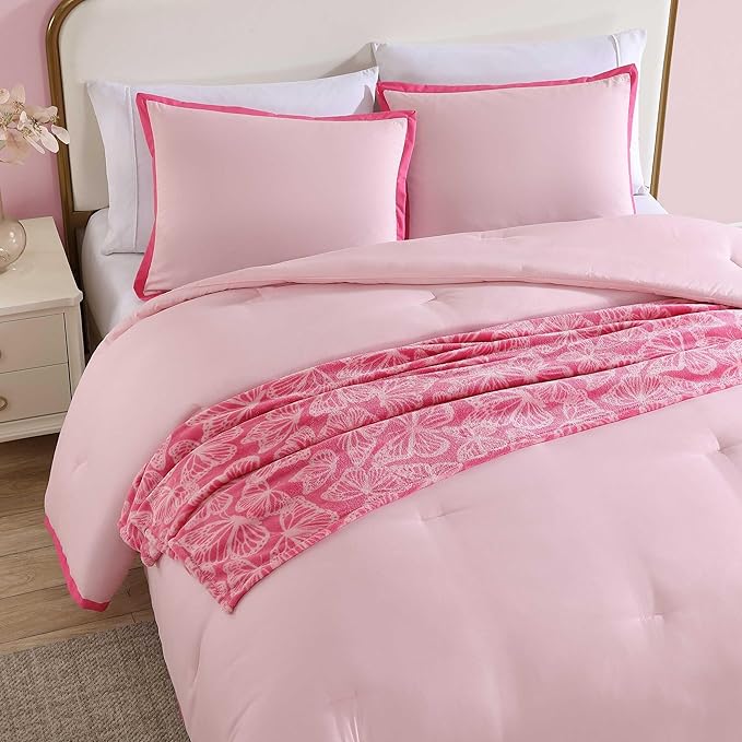 Betsey Johnson - King Comforter Set, Super Soft Bedding with Matching Shams, Bonus Throw Included, Chic Bedding Essentials (Signature Hotel Solid Pink, King)