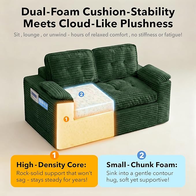 60in Loveseat Sofa, Boneless Cloud Couch Sofa for Living Room 2 Seater Modern Lounge Sleeper Couch with Removable Cover Corduroy with Armrest, Seat Cushion & Pillows for Small Spaces, Green