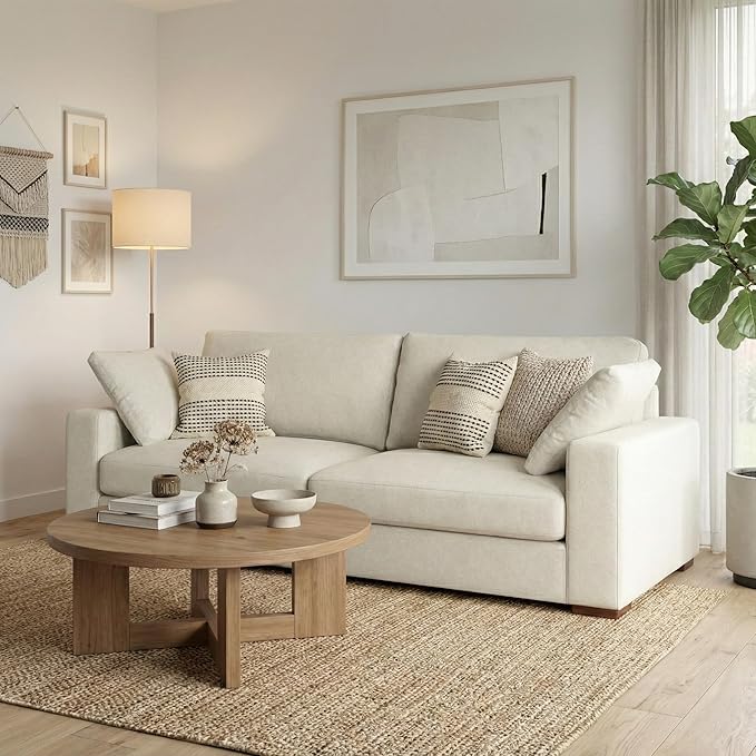 SIMPLIHOME Charlie Sofa in 100% Recycled Polyester Tightly Woven Performance Fabric, Cream, 96-inches Wide, Handcrafted Contemporary Style Sofa for Living Room or Couch for Family Room