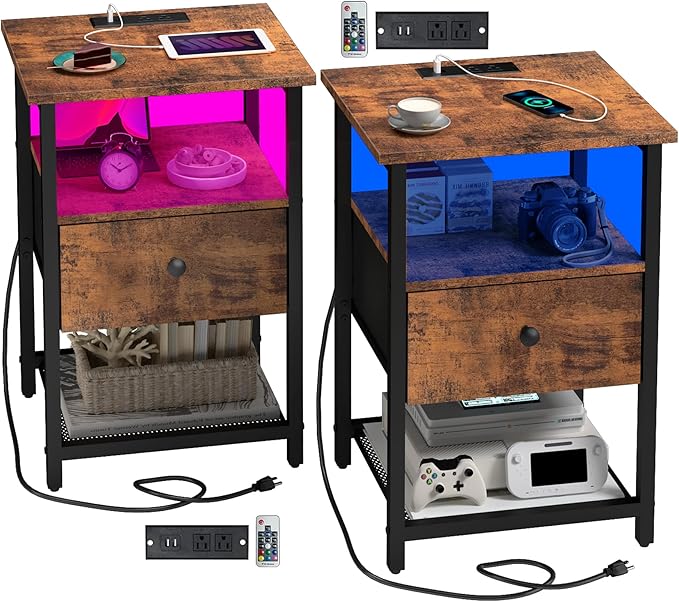 LED Nightstands Set of 2 with Charging Station, Bedside Tables with USB Ports and Outlets, End Table with Fabric-Wood 2-in-1 Drawer for Small Spaces, Vintage Side Table for Bedroom,Living Room