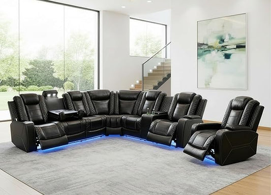 Power Recliner Sofa Set with LED, Breathing Leather Sectional Couch for Living Room, Living Room Furniture Set L Shaped Reclining Couch and Chair with Cup Holders&Storage (Black Upgraded)