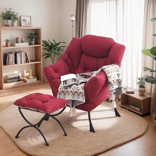 Lazy Chair with Ottoman, Large Burgundy Accent Chair with Ottoman, Comfy Reading Armchair, Leisure Sofa Chair for Living Room, Bedroom, Dorm Room, Office