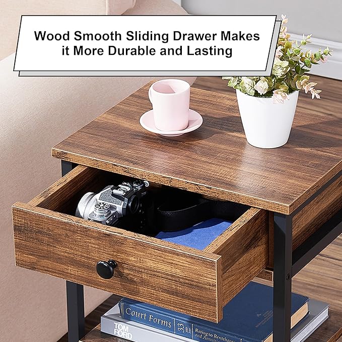 VECELO Tall End Side Tables,27 Inch Night Stand with 3 Tier Shelf for Living Room Bedroom,Small Spaces,Brown (Set of 2)