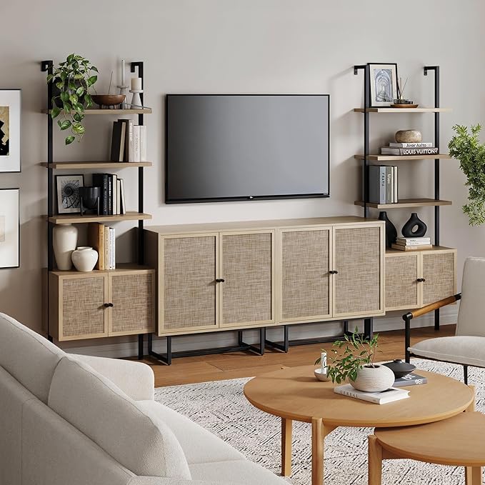 Nathan James Kova Boho Rattan and Wood TV Wall Shelving Unit Accent Storage Cabinet with Metal Frame and Cane Doors, Light Oak/Black