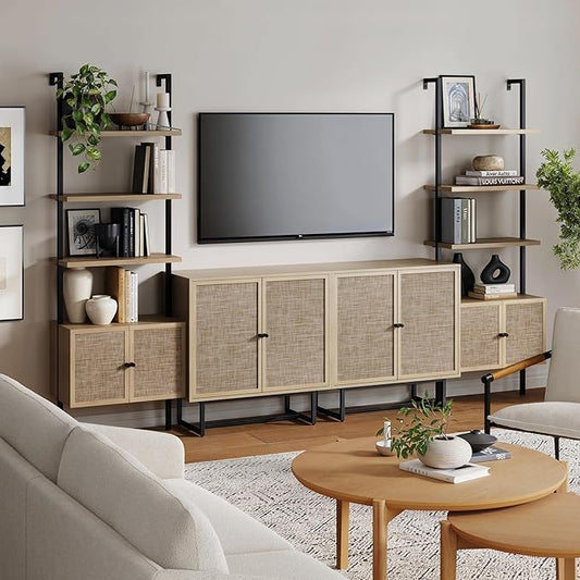Nathan James Kova Boho Rattan and Wood TV Wall Shelving Unit Accent Storage Cabinet with Metal Frame and Cane Doors, Light Oak/Black