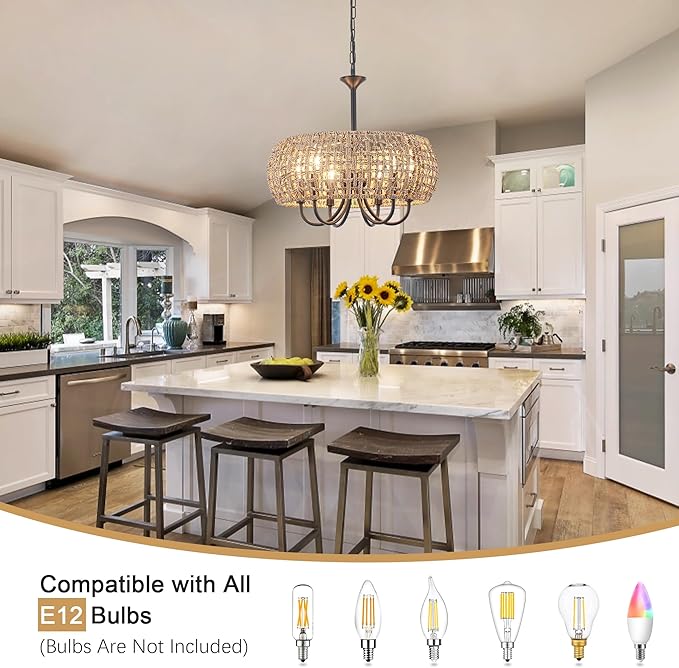 18'' Hand Woven Rattan Chandelier, 6-Light Rattan Pendant Light Farmhouse Chandeliers for Dining Room Light Fixture, Rustic Chandelier Wicker Hanging Pendant Lighting for Bedroom Living Room Foyer
