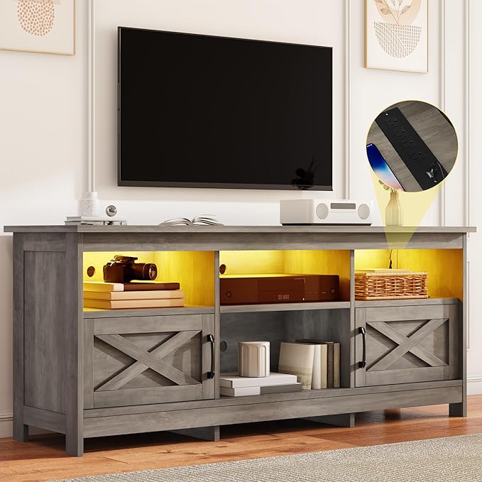 DWVO Farmhouse TV Stand with Power Outlets & LED Lights, Entertainment Center for TVs up to 80", TV Console with Storage Cabinets & Open Shelves for Living Room (Washed Grey)
