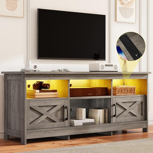DWVO Farmhouse TV Stand with Power Outlets & LED Lights, Entertainment Center for TVs up to 80", TV Console with Storage Cabinets & Open Shelves for Living Room (Washed Grey)
