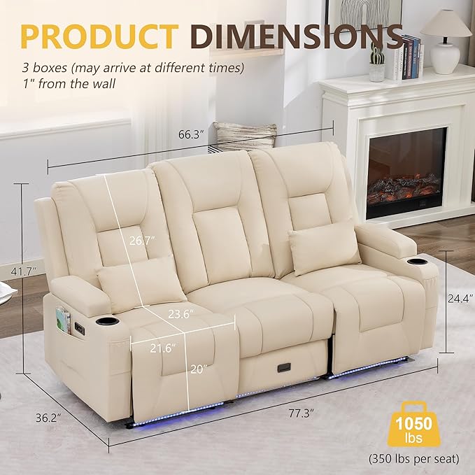 URRED Power Loveseat Recliner Sofa with Console, Wall Hugger Reclining Loveseat RV Couch with LED Light, 150° Zero Gravity Recliners Modular Couches for Living Room (Beige, 77.3'' - 3 Seats)