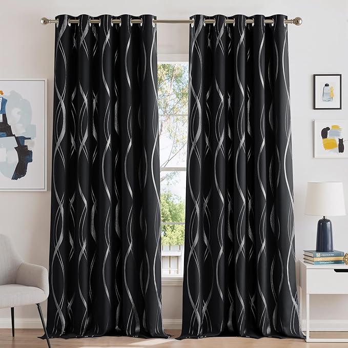 NICETOWN Black Blackout Patterned Curtain for Bedroom, 66 inch Wide by 84 inch Long, Noise Reducing Thermal Insulated Wave Line Foil Print Design Drapes for Patio Sliding Glass Door, 2 Panels
