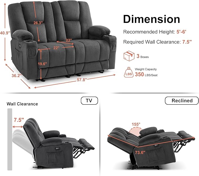 MCombo Zero Gravity Loveseat Power Reclining Sofa with Console, Heat and Vibration Massage, Recliner Couch for Living Room, Fabric 6035SET (Grey, Loveseat)