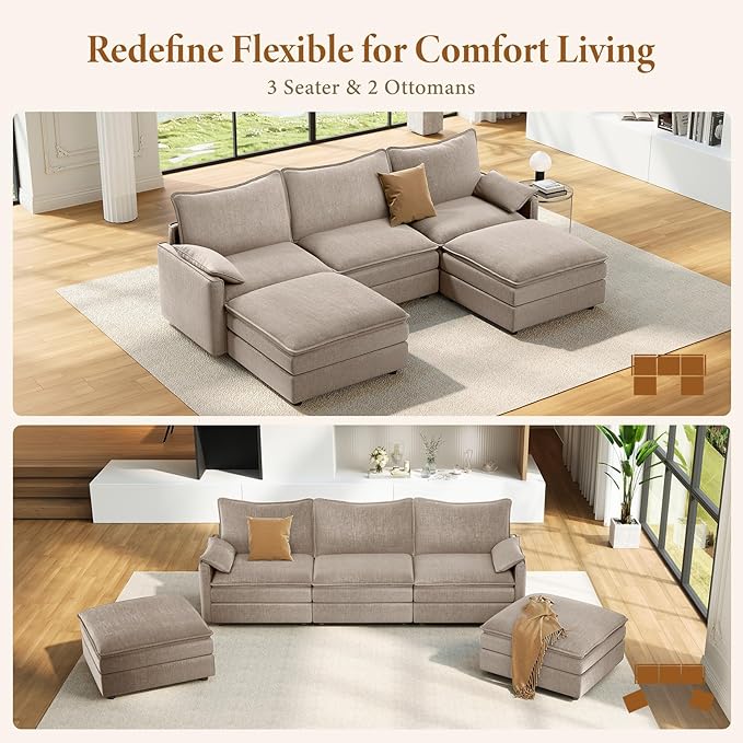 Vesgantti 108" U Shaped Sectional Couch, Comfy Cloud Modular Sectional Sofa with 2 Ottoman Deep Seat Chenille Modern Cloud Sofa, Modular Sofas for Living Room, Bedroom and Apartment, Light Brown | Sink-in Comfort, Height Adjustable, Easy Rearrangement,...