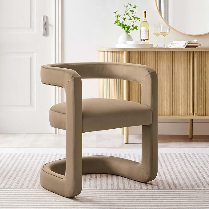 Modway Winslow Stain-Resistant Performance Velvet Dining Chair in Taupe - Open Back Barrel Armchair - Upholstered Dining Chair - Cozy Reading Chair or Velvet Vanity Chair