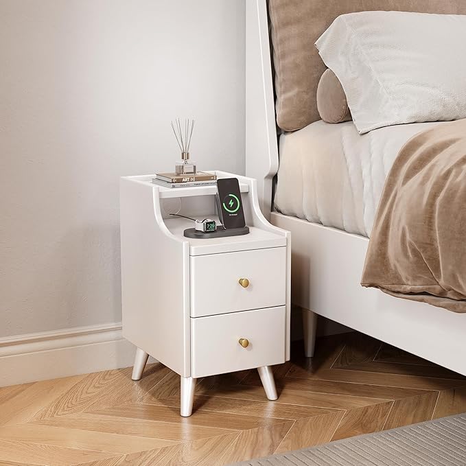 Narrow Nightstand with Drawers, 11.8" Slim Solid Wood Bedside Table with Open Shelf & Cable Hole, Modern Storage Cabinet for Small Spaces, Side Table for Bedroom & Living Room, White