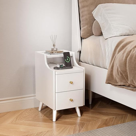 Narrow Nightstand with Drawers, 11.8" Slim Solid Wood Bedside Table with Open Shelf & Cable Hole, Modern Storage Cabinet for Small Spaces, Side Table for Bedroom & Living Room, White