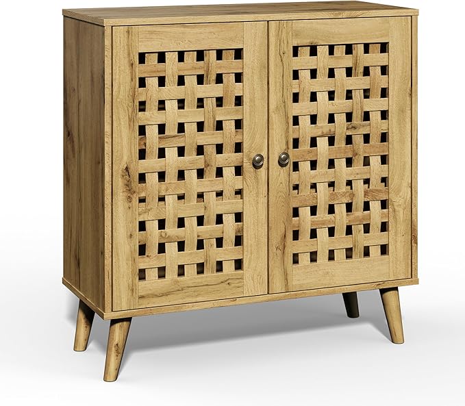 Vintage 2-Door Storage Cabinet, Basket Weave Wooden Doors, Kitchen Sideboard with Adjustable Shelves, Coffee Bar Cabinet for Living Room, Hallway, Entryway, Dining Room, Natural Wood Color