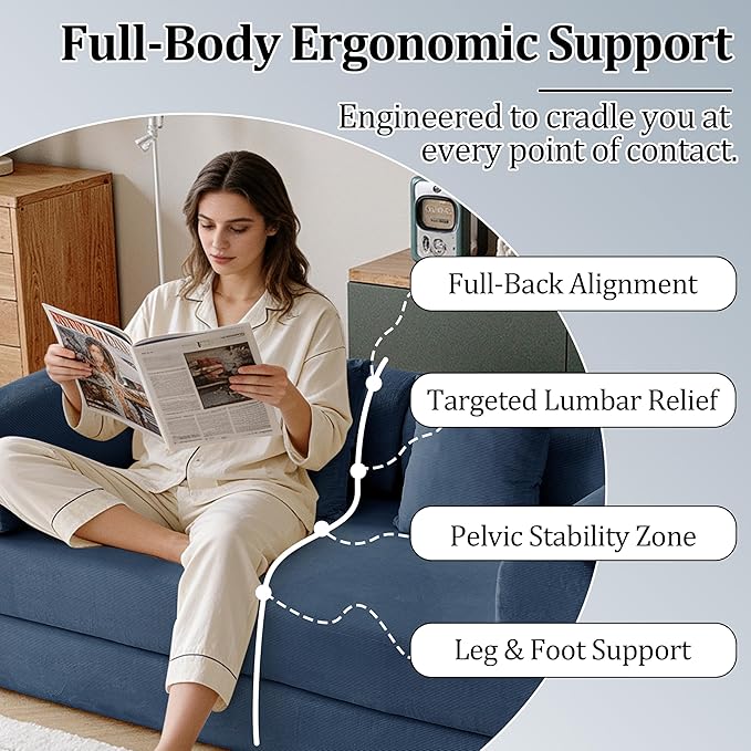 87'' Convertible Compressed Corduroy Folding Cloud Sofa Bed, Modern Modular Boneless Pull Out 3 Seater Sleeper in a Box, 5 in 1 Foldable Floor Mattress Couch, No Assembly Needed, Blue, Pillows, King