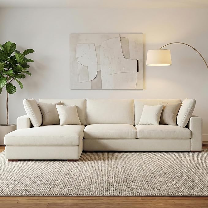 SIMPLIHOME Charlie Left-Facing Sectional Sofa in 100% Recycled Polyester Tightly Woven Performance Fabric, Cream, 122-inches Wide, Handcrafted Contemporary Style L-Shaped Couch with Chaise