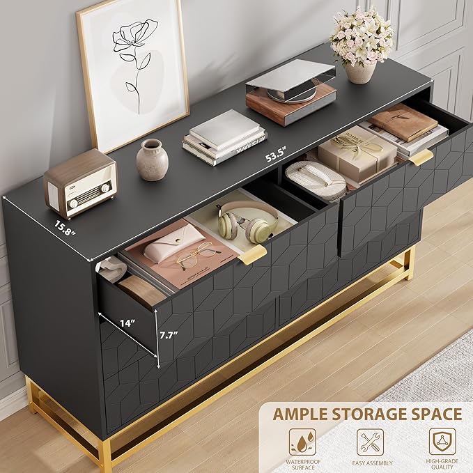 GAOMON Dresser for Bedroom, 53.5" Large Dresser Organizer, 6 Drawer with Golden Metal Handle and Legs, Modern Chest of Drawers, Black Dressers with Drawers for Closet, Hallway, Living Room, Entryway