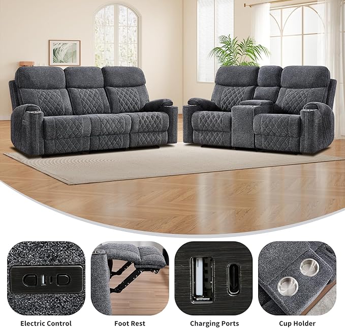EBELLO Power Reclining Sofa Set, Fabric Electric Recliner Loveseat and 3 Seater Sofa Couch with Cup Holders, USB Type-C Charging Ports and Storage Space, 5 Seats for Small Living Room, Grey
