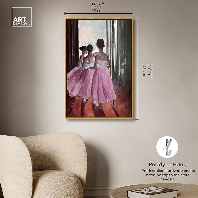 Art Remedy Little Girls Ballerinas Canvas Classic Vintage Wall Art, Gold Frame, 24" x 36"