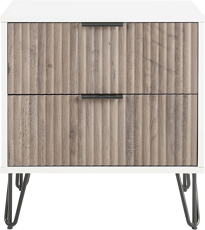 Manhattan Comfort Dumbo Fluted Nightstand with 2 Drawers, Gold Metal Legs and Metal Handles, Tool-Free Assembly Modern Bedside Accent Table with Storage for Bedroom, Living Room in White & Rustic Grey