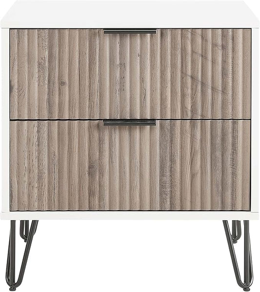 Manhattan Comfort Dumbo Fluted Nightstand with 2 Drawers, Gold Metal Legs and Metal Handles, Tool-Free Assembly Modern Bedside Accent Table with Storage for Bedroom, Living Room in White & Rustic Grey