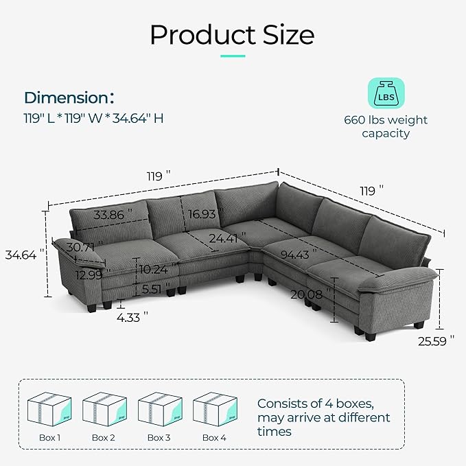 LINSY HOME Modular Sectional Sofa Couch Corduroy Cloud Couches for Living Room, V-Shaped Cloud Couch Sectional Sofas for Bedroom and Apartment, Grey