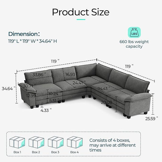 LINSY HOME Modular Sectional Sofa Couch Corduroy Cloud Couches for Living Room, V-Shaped Cloud Couch Sectional Sofas for Bedroom and Apartment, Grey
