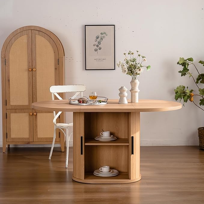 KEIKI Dining Table for 4-6, 59 Inch Modern Dining Room Table with 2-Layer Storage Shelf and Wood Slide Door, Oval Circle Dinner Furniture with Pedestal Base for Dining Room