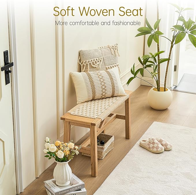 Solid Wood Narrow Bench, 33.46" Woven Bench for Entryway and Hallway, End of Bed Bench with Oak Frame, Boho Accent Bench - 500lbs Capacity (Natural White)