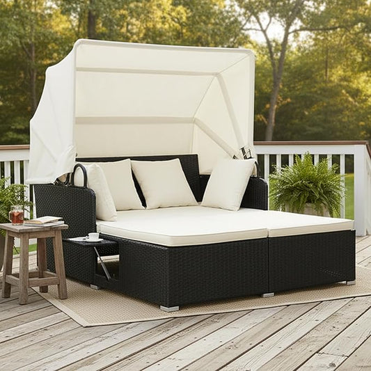 Tangkula Patio Rattan Daybed with Retractable Canopy, Outdoor Wicker Sunbed Lounger with 2 Foldable Side Tables, Thick Seat & Back Cushions, Double Daybed for Garden, Backyard, Porch (Off White)